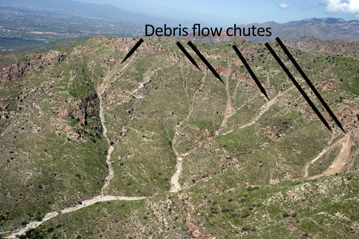 Figure 5. Debris flow chutes that formed in Santa Catalina’s Soldier Canyon on 31 July 2006.  Tucson appears in the upper left-hand corner of the image. 